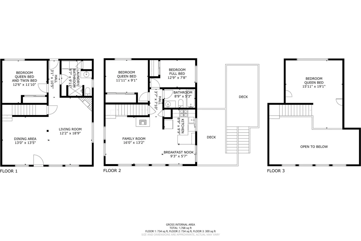 A spacious open-plan living area that seamlessly connects the family room, dining area, and deck. Large windows let in natural light, while the deck just outside hints at the opportunity for outdoor gatherings. The layout is perfect for group activities, relaxing after a day of exploring, and hosting meals together.